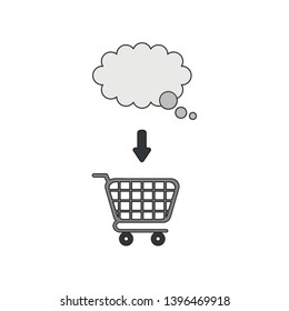 Vector icon concept of blank thought bubble inside shopping cart. Black outlines and colored.