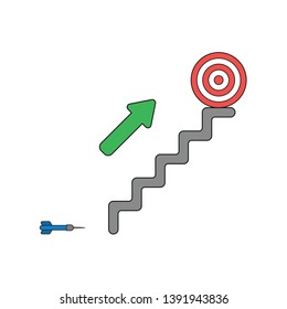 Vector icon concept of blue dart, green arrow showing bulls eye target at top of stairs. 