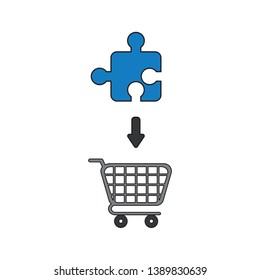 Vector icon concept of blue jigsaw puzzle piece into grey shopping cart. 
