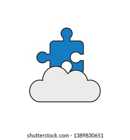 Vector icon concept of blue jigsaw puzzle piece on grey cloud. 