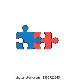 Vector icon concept of blue and red puzzle pieces connected. Black outlines and colored.