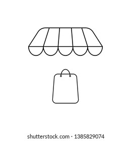 Vector icon concept of blue shopping bag under shop store. Black outlines.