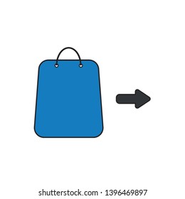 Vector icon concept of blue shopping bag with arrow. Black outlines and colored.