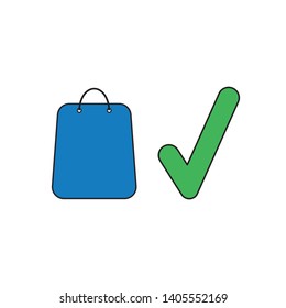 Vector icon concept of blue shopping bag with green check mark. Black outlines and colored.