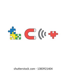 Vector icon concept of blue, yellow, green puzzle pieces connected and magnet attracting missing red puzzle piece. Black outlines and colored.