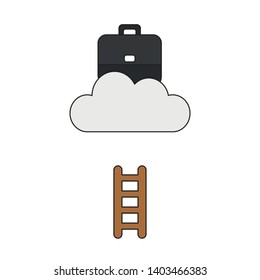 Vector icon concept of briefcase on cloud with short wooden ladder. Black outlines and colored.