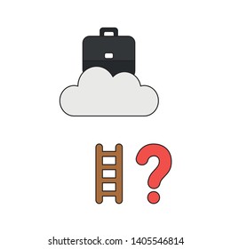 Vector icon concept of briefcase on cloud with short wooden ladder and question mark. Black outlines and colored.