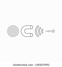 Vector icon concept of bulls eye with magnet attracting dart. Black outlines.