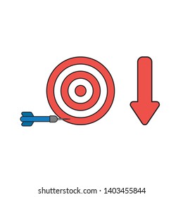 Vector icon concept of bulls eye and dart miss the target with arrow moving down. Black outlines and colored.