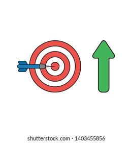 Vector icon concept of bulls eye and dart in the center with arrow moving up. Black outlines and colored.
