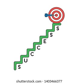 Vector icon concept of bulls eye and dart in the center on top of success stairs. Black outlines and colored.