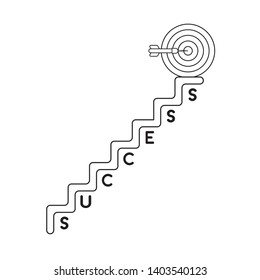 Vector icon concept of bulls eye and dart in the center at top of success stairs. Black outlines.