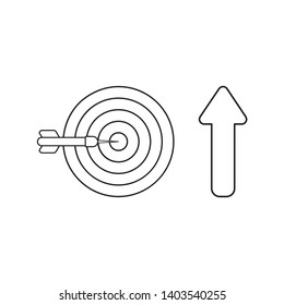 Vector icon concept of bulls eye and dart in the center with arrow up. Black outlines.