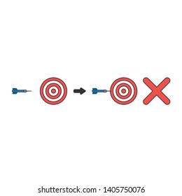 Vector icon concept of bulls eye and dart miss the target with x mark. Black outlines and colored.