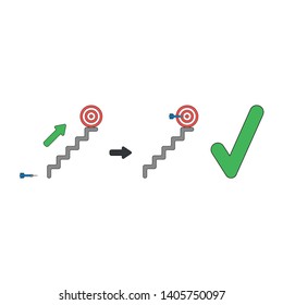 Vector icon concept of bulls eye on top of stairs and dart in the center with check mark. Black outlines and colored.