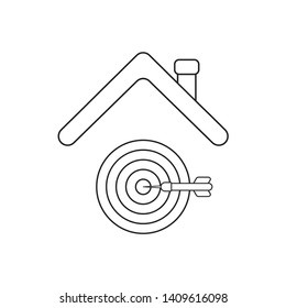 Vector icon concept of bulls eye with dart in the center under roof. Black outlines.