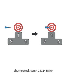 Vector icon concept of bulls eye with dart in the center on first place of winners podium. Black outlines and colored.