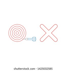 Vector icon concept of bulls eye with dart in the side with x mark symbolizes unsuccess. White background and colored outlines.