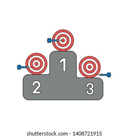 Vector icon concept of bulls eyes and darts on winners podium. Black outlines and colored.