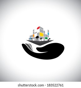 vector icon - concept of buying house, home, property. This graphic of woman's hand with building can also represent purchasing assets, creating wealth, real estate market, owning residential property