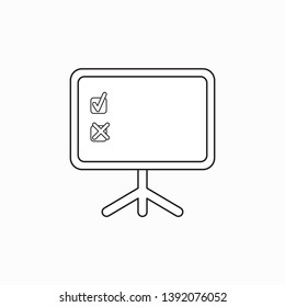 Vector icon concept of check mark and x mark inside presentation board. Black outlines.