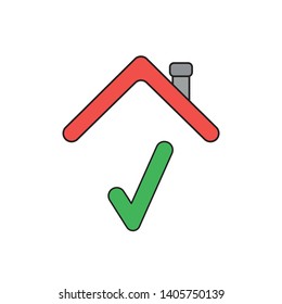 Vector icon concept of check mark under house roof. Black outlines and colored.