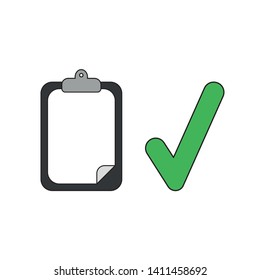 Vector icon concept of clipboard with blank paper and check mark. Black outlines and colored.