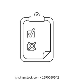 Vector icon concept of clipboard with check mark and x mark on paper. Black outlines.