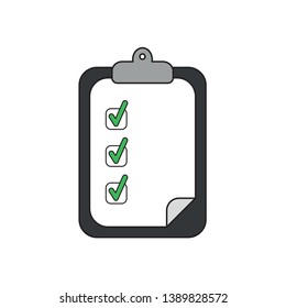 Vector icon concept of clipboard with green check marks on paper. 