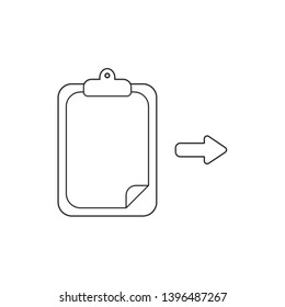 Vector icon concept of clipboard and paper with arrow. Black outlines.