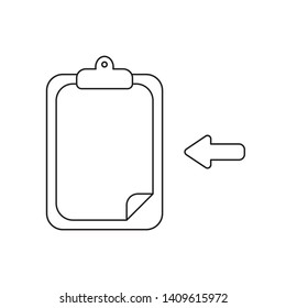 Vector icon concept of clipboard with paper and arrow. Black outlines.