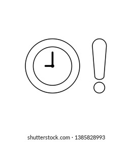 Vector icon concept of clock with exclamation mark. Black outlines.