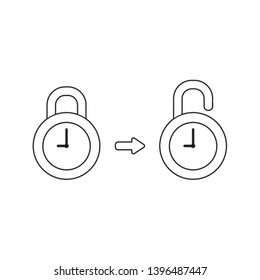 Vector icon concept of closed clock padlock opened. Black outlines.