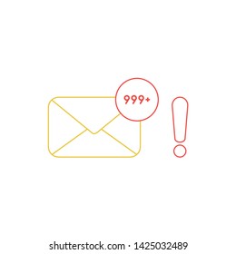 Vector icon concept of closed envelope email and lot of junk spam emails with exclamation mark. White background and colored outlines.