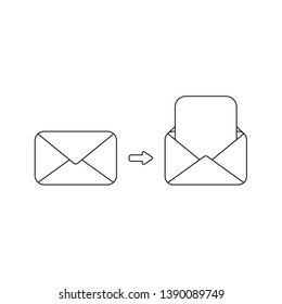Vector icon concept of closed and open envelopes with blank paper. Black outlines.