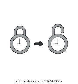 Vector icon concept of closed and opened clock padlocks. Black outlines and colored.