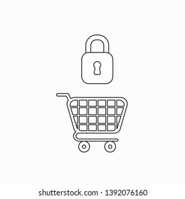 Vector icon concept of closed padlock over shopping cart. Black outlines.