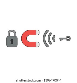 Vector icon concept of closed padlock with magnet attracting key to unlock. Black outlines and colored.