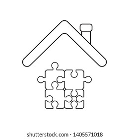 Vector icon concept of connected jigsaw puzzle pieces under house roof.