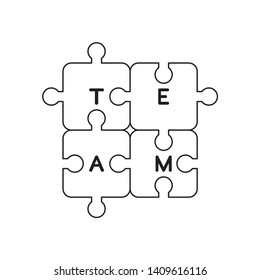 Vector icon concept of connected team jigsaw puzzle pieces. Black outlines.