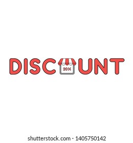 Vector icon concept of discount word with 20 percent inside shop store. Black outlines and colored.