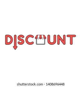 Vector icon concept of discount word with arrow moving down and shop store. Black outlines and colored.