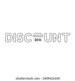 Vector icon concept of discount word with store awning and percent 20. Black outlines.