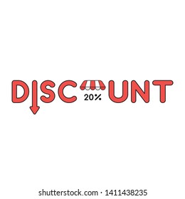 Vector icon concept of discount word with arrow moving down and percent 20 under shop store roof. Black outlines and colored.