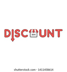 Vector icon concept of discount word with arrow moving down and percent 20 inside shop store. Black outlines and colored.