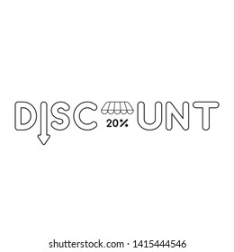 Vector icon concept of discount word with arrow down and percent 20 under shop store roof. Black outlines, white background.
