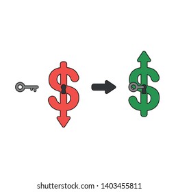 Vector icon concept of dollar arrow moving down with keyhole and key unlock and moving up. Black outlines and colored.