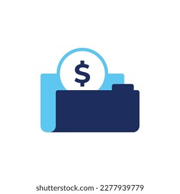 vector icon concept of dollar bills in a folder. Can be used for banking, financial, finance, payments, taxes, office, economy, technology, business. Can be for web, website, poster, apps
