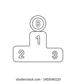 Vector icon concept of dollar coin on first place of winners podium. Black outlines.