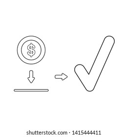 Vector icon concept of dollar coin inside moneybox hole and check mark. Black outlines, white background.